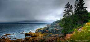 View of rocky shoreline of Acadia National Park, Mount Desert Island, Maine